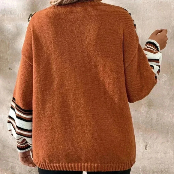 Orange Casual Women's Plus Size Knitted Loose Colorblock V-Neck Pullover Sweater - Picture 2 of 8